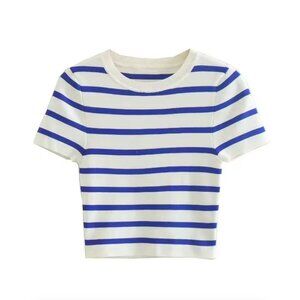 Knit Striped White Blue Short Sleeve Sweater Top
